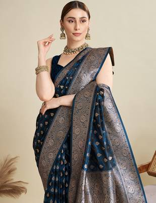 Teal blue satin silk blend wevon zari graceful ethnic saree 3