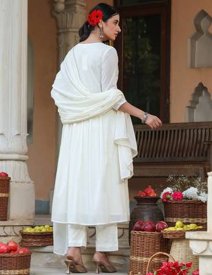 women's off white pure cotton embroidered a-line kurta set 5