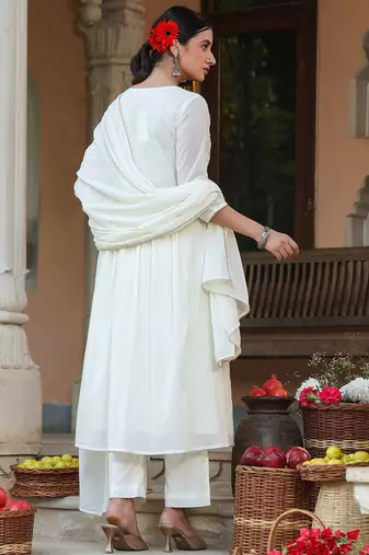 women's off white pure cotton embroidered a-line kurta set