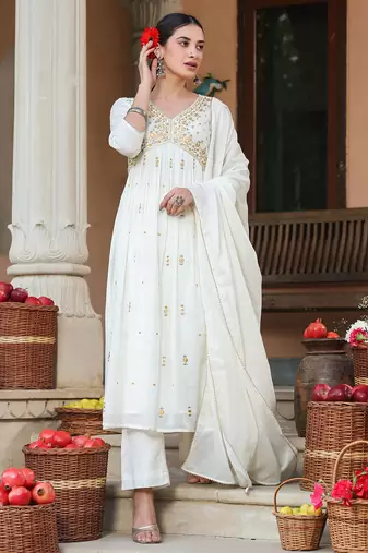 women's off white pure cotton embroidered a-line kurta set