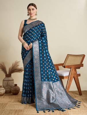 Blue satin silk blend wevon zari graceful ethnic saree 1