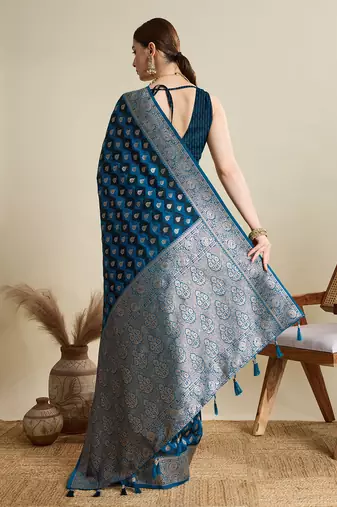 Blue satin silk blend wevon zari graceful ethnic saree