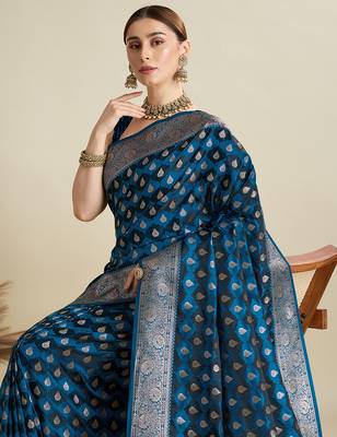 Blue satin silk blend wevon zari graceful ethnic saree 3