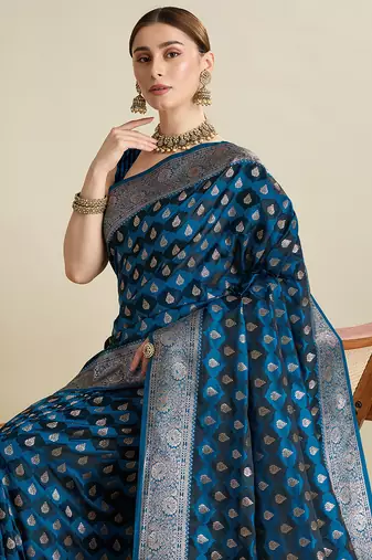 Blue satin silk blend wevon zari graceful ethnic saree