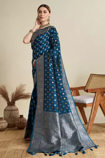 Blue satin silk blend wevon zari graceful ethnic saree