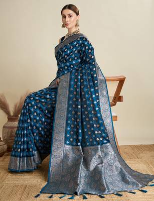 Blue satin silk blend wevon zari graceful ethnic saree 5