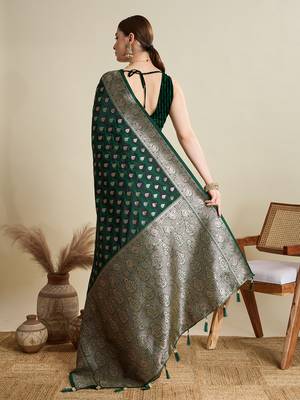 Green satin silk blend wevon zari graceful ethnic saree 2