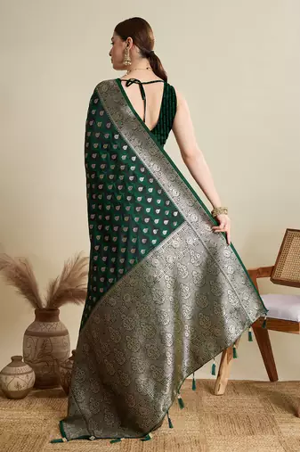 Green satin silk blend wevon zari graceful ethnic saree