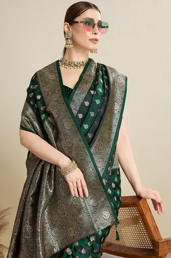Green satin silk blend wevon zari graceful ethnic saree