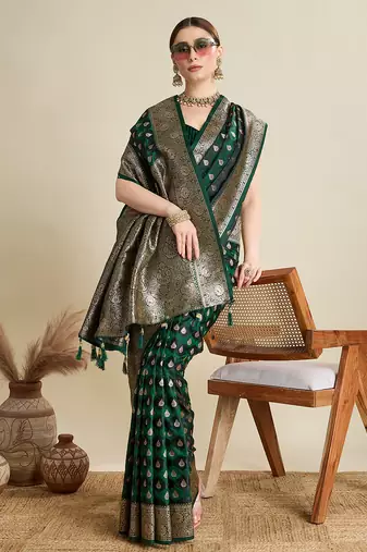 Green satin silk blend wevon zari graceful ethnic saree