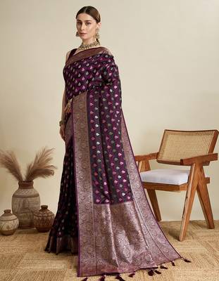 Wine satin silk blend wevon zari graceful ethnic saree 4