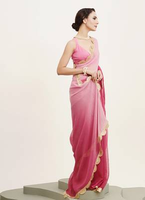Pink embellished sequinned chiffon saree partywear saree 5