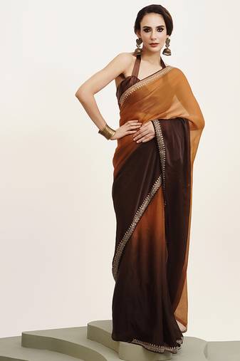 Brown color embellished beads and stones chiffon saree for beautiful partywear saree