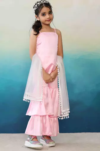 Pink Satin Silk Top & Triple Layer Sharara Set with White Dupatta