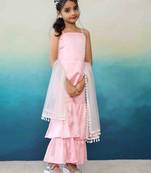 Pink Satin Silk Top & Triple Layer Sharara Set with White Dupatta