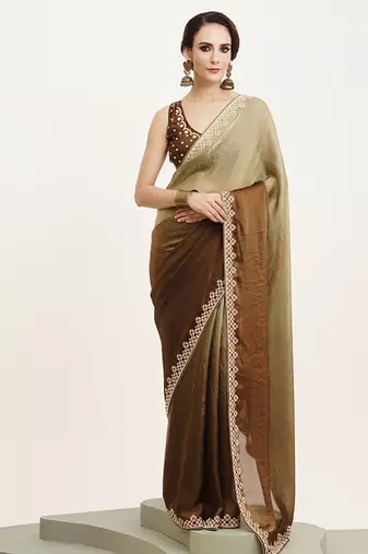 Green color embellished beads and stones satin saree for beautiful partywear saree