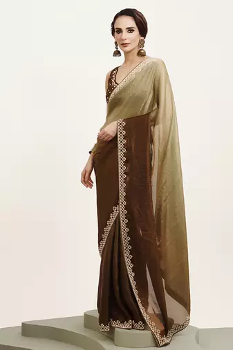 Green embellished beads and stones satin saree partywear saree