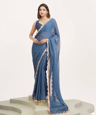 Teal embellished sequinned chiffon saree partywear saree 1