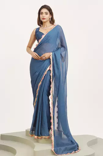 Teal color embellished sequinned chiffon saree for beautiful partywear saree