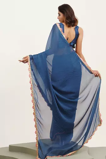 Teal embellished sequinned chiffon saree partywear saree