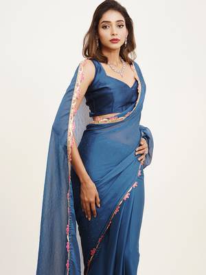 Teal embellished sequinned chiffon saree partywear saree 3