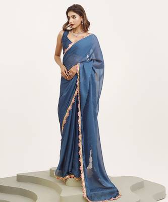 Teal embellished sequinned chiffon saree partywear saree 4