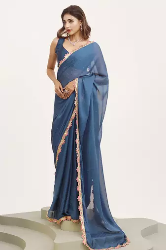 Teal embellished sequinned chiffon saree partywear saree