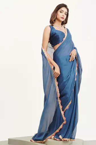 Teal embellished sequinned chiffon saree partywear saree