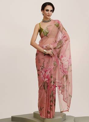 Pink mirror work floral organza saree partywear saree 1