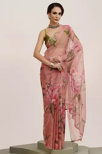 Pink color mirror work floral organza saree for beautiful partywear saree