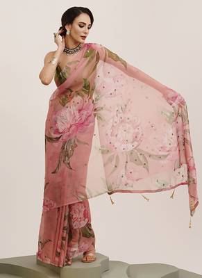 Pink mirror work floral organza saree partywear saree 2