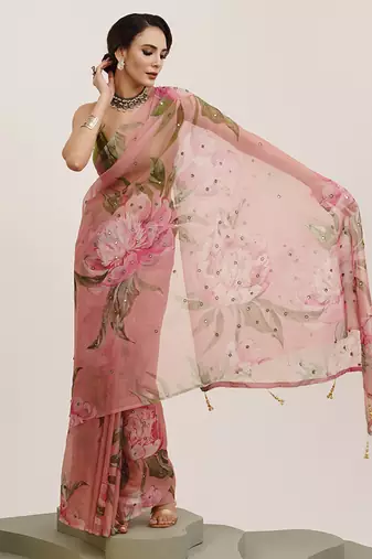 Pink mirror work floral organza saree partywear saree