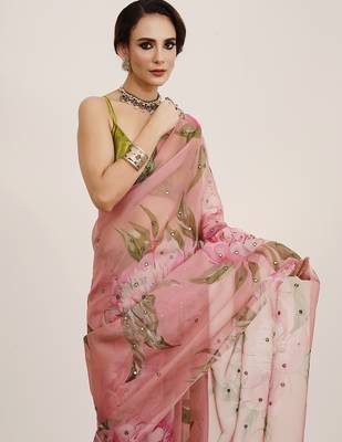 Pink mirror work floral organza saree partywear saree 3