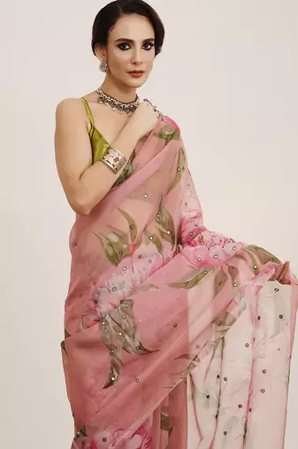 Pink mirror work floral organza saree partywear saree