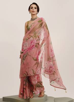 Pink mirror work floral organza saree partywear saree 4