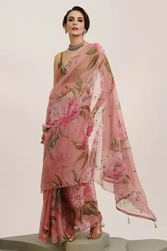 Pink mirror work floral organza saree partywear saree