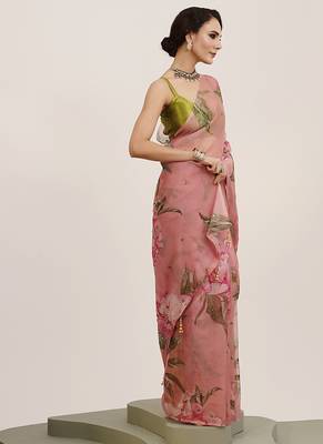 Pink mirror work floral organza saree partywear saree 5