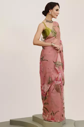 Pink mirror work floral organza saree partywear saree