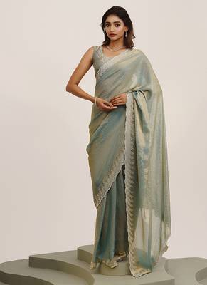 Metallic grey embellished beads and stones satin saree partywear saree 1