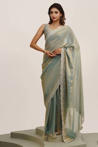 Metallic grey color embellished beads and stones satin saree for beautiful partywear saree
