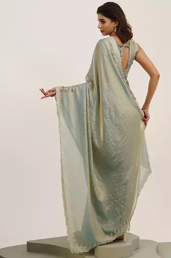 Metallic grey embellished beads and stones satin saree partywear saree