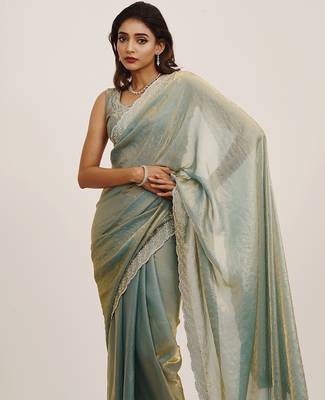Metallic grey embellished beads and stones satin saree partywear saree 3