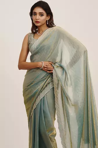 Metallic grey embellished beads and stones satin saree partywear saree
