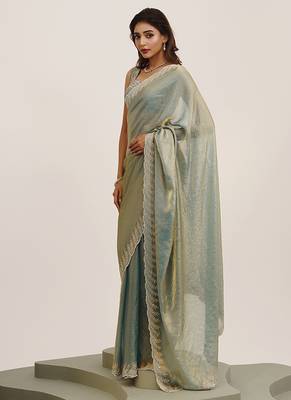 Metallic grey embellished beads and stones satin saree partywear saree 4