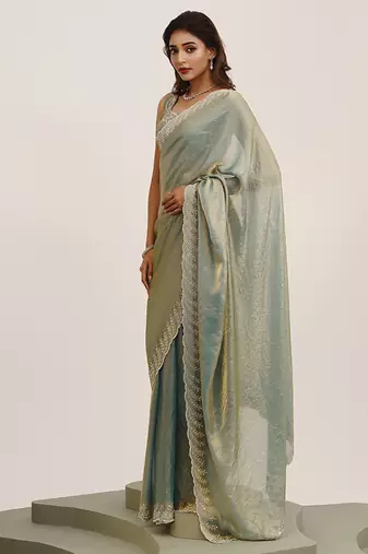 Metallic grey embellished beads and stones satin saree partywear saree