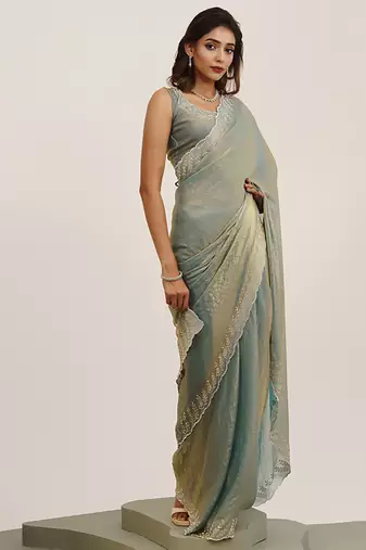 Metallic grey embellished beads and stones satin saree partywear saree