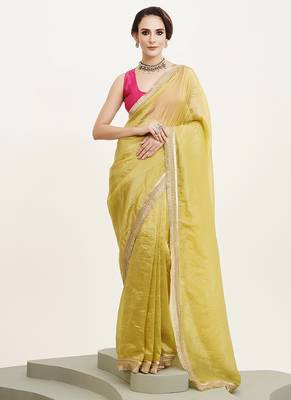 Lime yellow embellished sequinned silk blend saree partywear saree 1