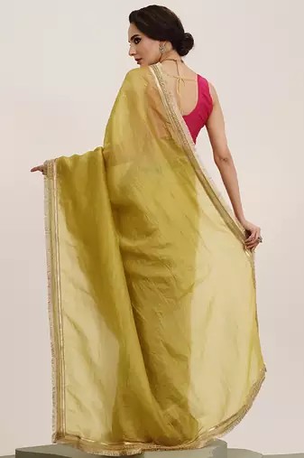 Lime yellow embellished sequinned silk blend saree partywear saree