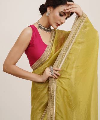 Lime yellow embellished sequinned silk blend saree partywear saree 3