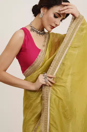 Lime yellow embellished sequinned silk blend saree partywear saree